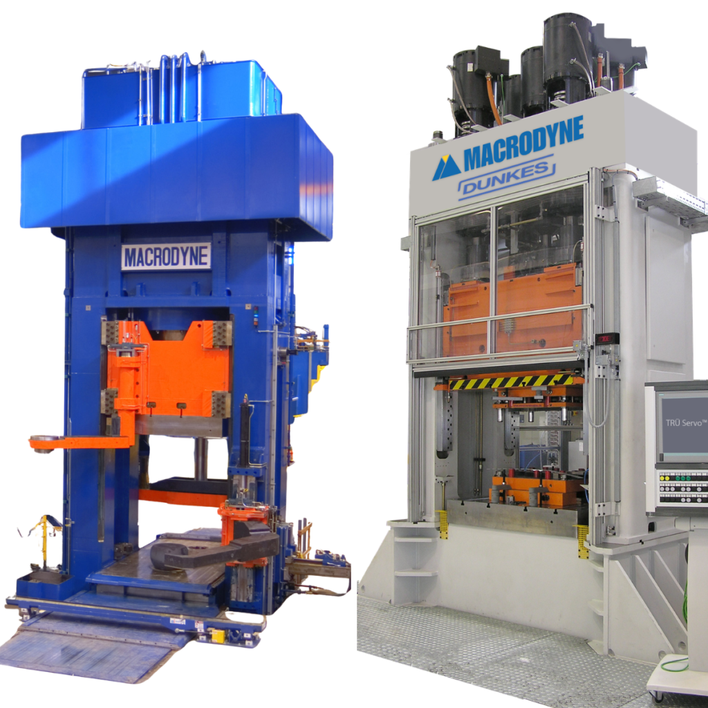 A hydraulic press and a servo press side-by-side by Macrodyne Technologies.