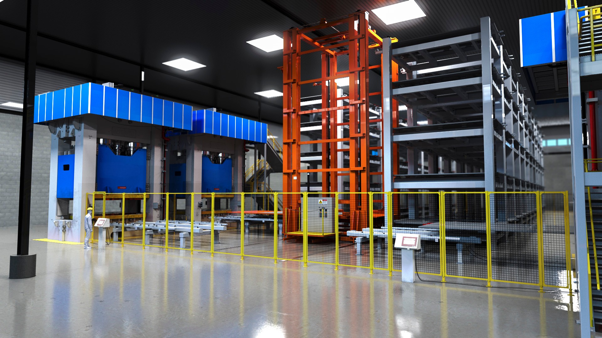 A hydraulic press line with automated die storage.