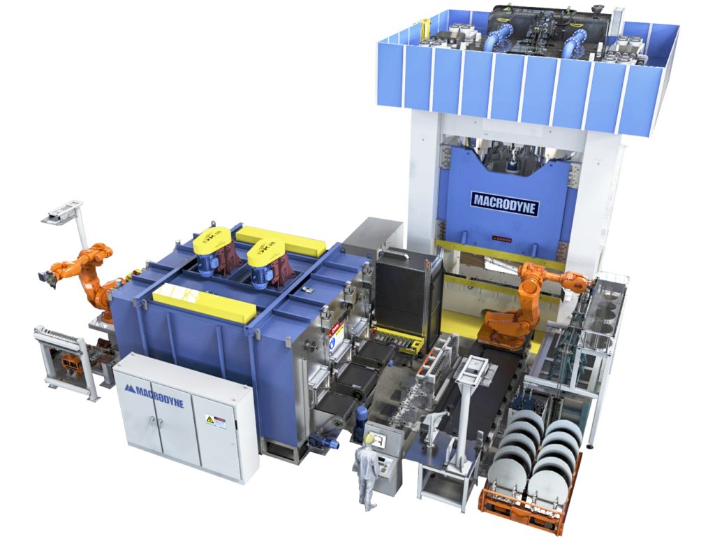 A fully-automated, lights-out automated hydraulic press line by Macrodyne Technologies.